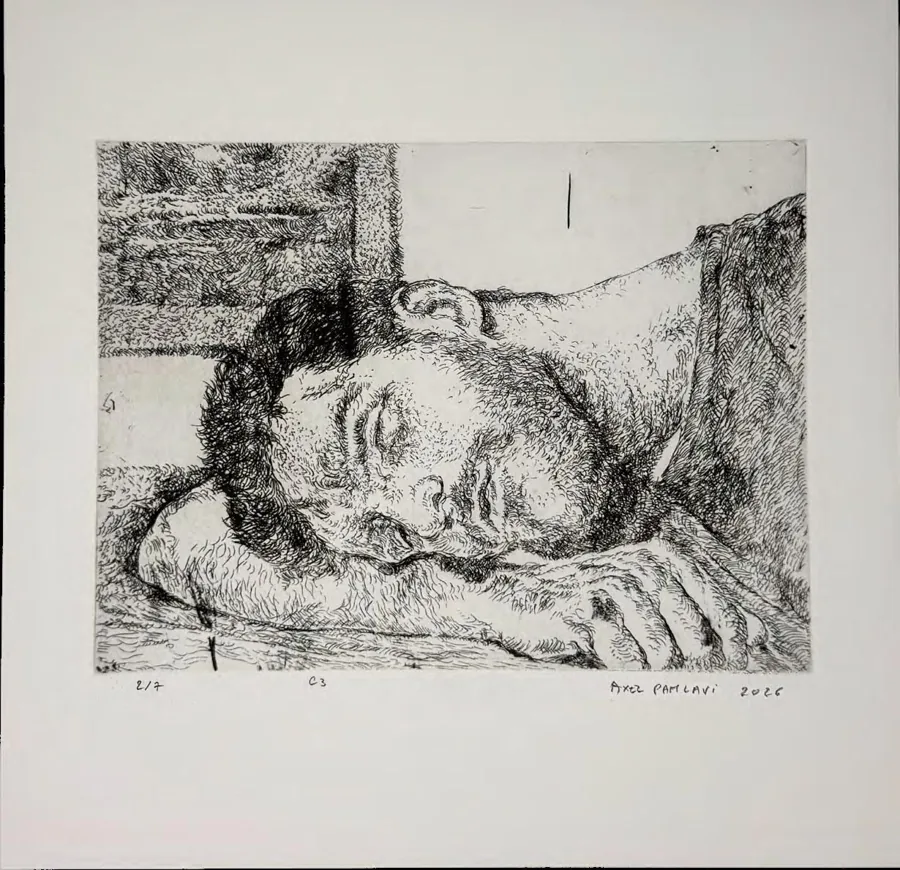 Axel Pahlavi, gravure originale, eau-forte, Studio Sahakyan, Erevan, 2026